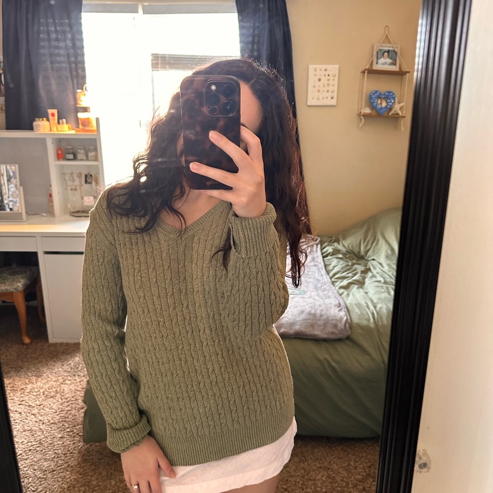 Karen Scott Olive Green Cable Cotton Sweater